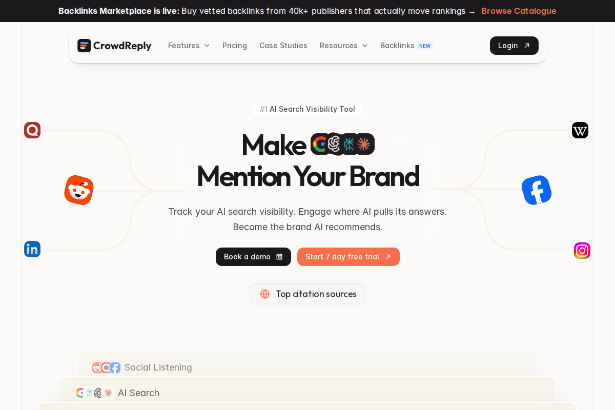 CrowdReply homepage — "#1 AI Search Visibility Tool: Make AI Mention Your Brand"
